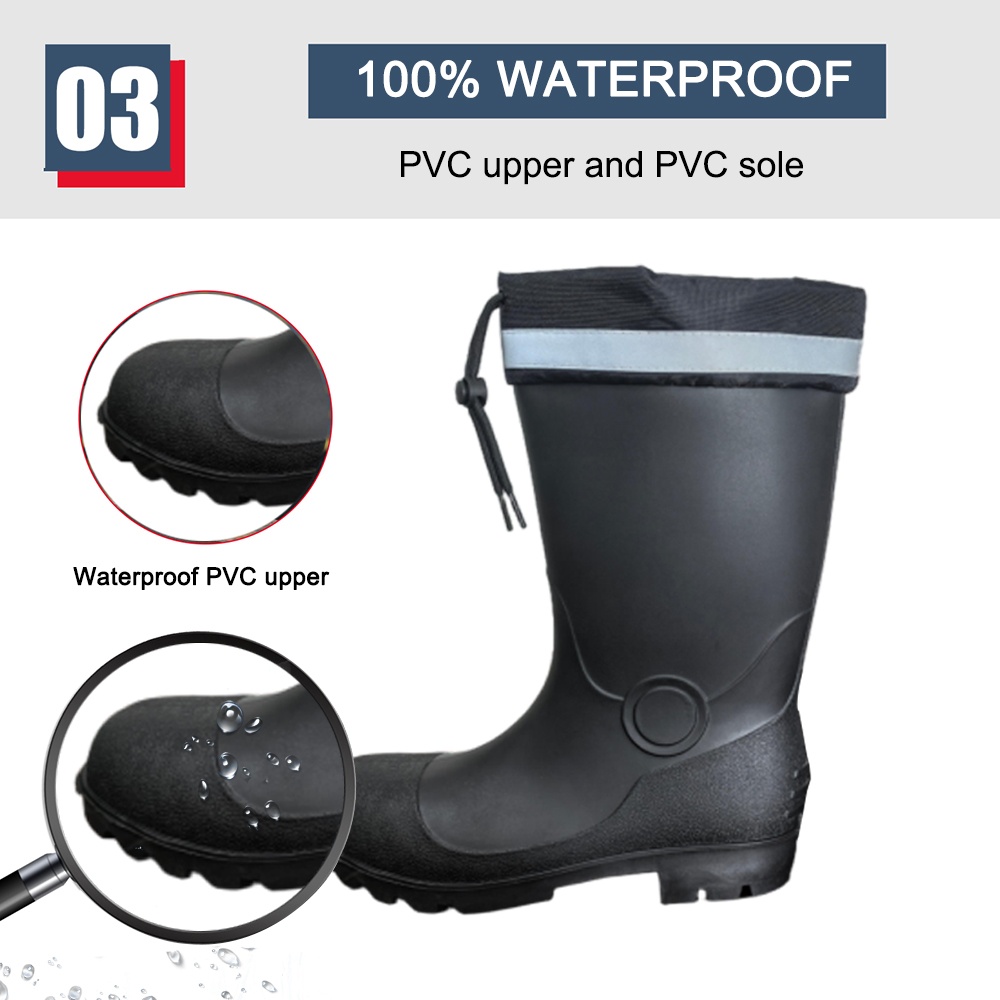 Black PVC Safety Rain Boots with Reflective PU Collar & Steel Toe