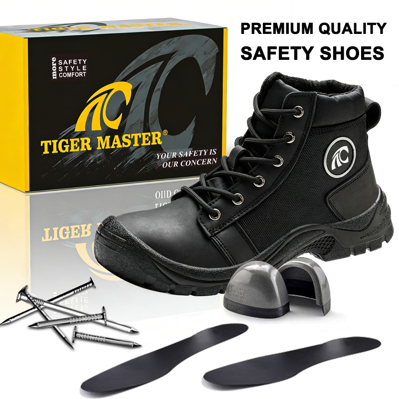 Black Leather Construction Safety Boots with Steel Toe