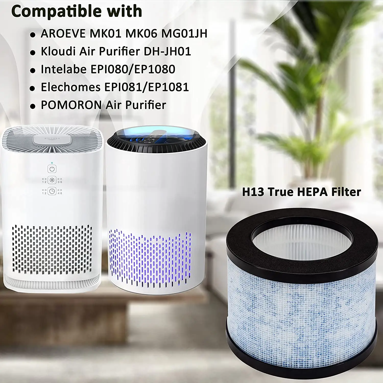 DH-JH01 H13 HEPA 过滤器兼容 AROEVE MK01 MK06 MG01JH Elechomes EPI081 EP1081 Kloudi DH-JH01 POMORON 空气净化器配件