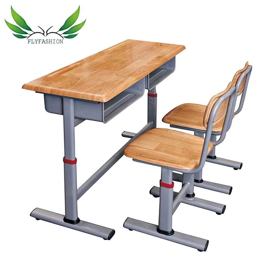Cheap Wholesale Wooden School Furniture Double Student Desk And Bench with Three Drawers