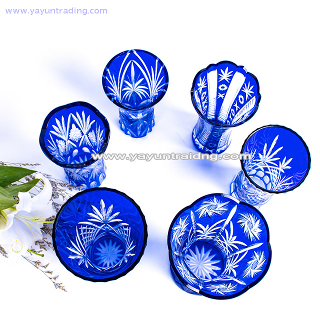 cobalt blue hand engraved elegant glass flower vase