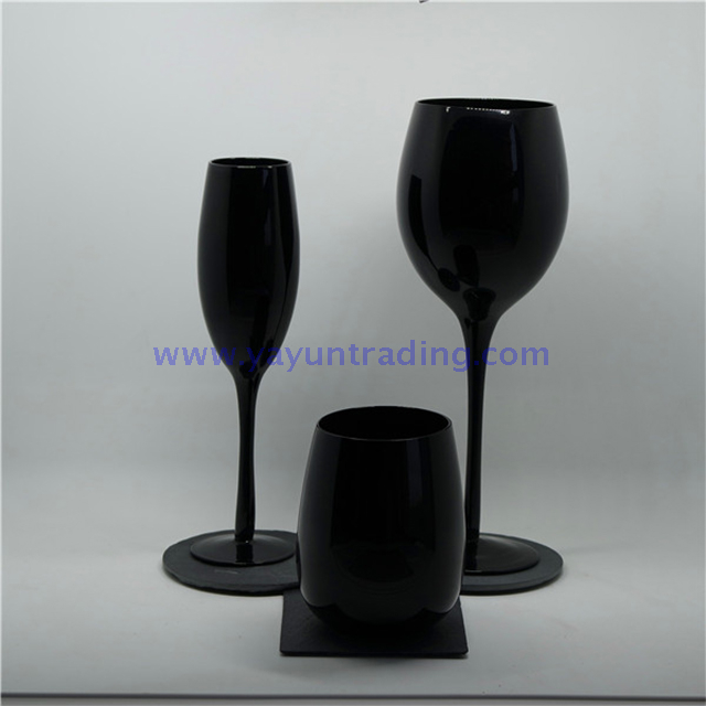 Classical Pure Black Egg Shape Glass Wine Cup with Stone And Slate Cup Mats