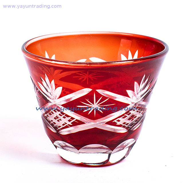 Japanese Edo Kiriko Amber Color Mini Glass Tea Cup Tea Or Glass Bowl
