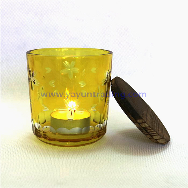 home decoration glass candle holder with wooden lids