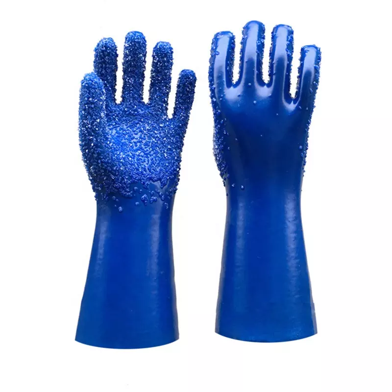 Blue Oil Acid Chemical Resistant Anti Slip Waterproof Heavy Duty Industrial Safety PVC Gloves CE EN388
