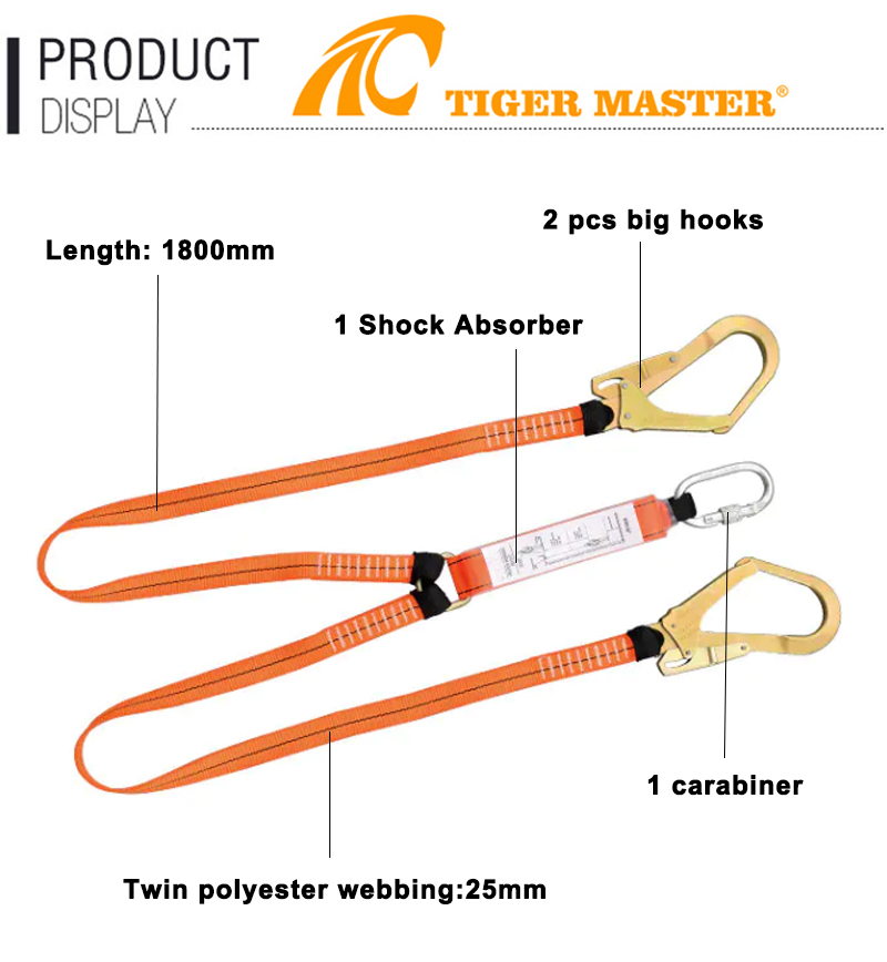 Orange Polyester Webbing 25KN Strength Energy Shock Absorber Lanyard with Double Hooks