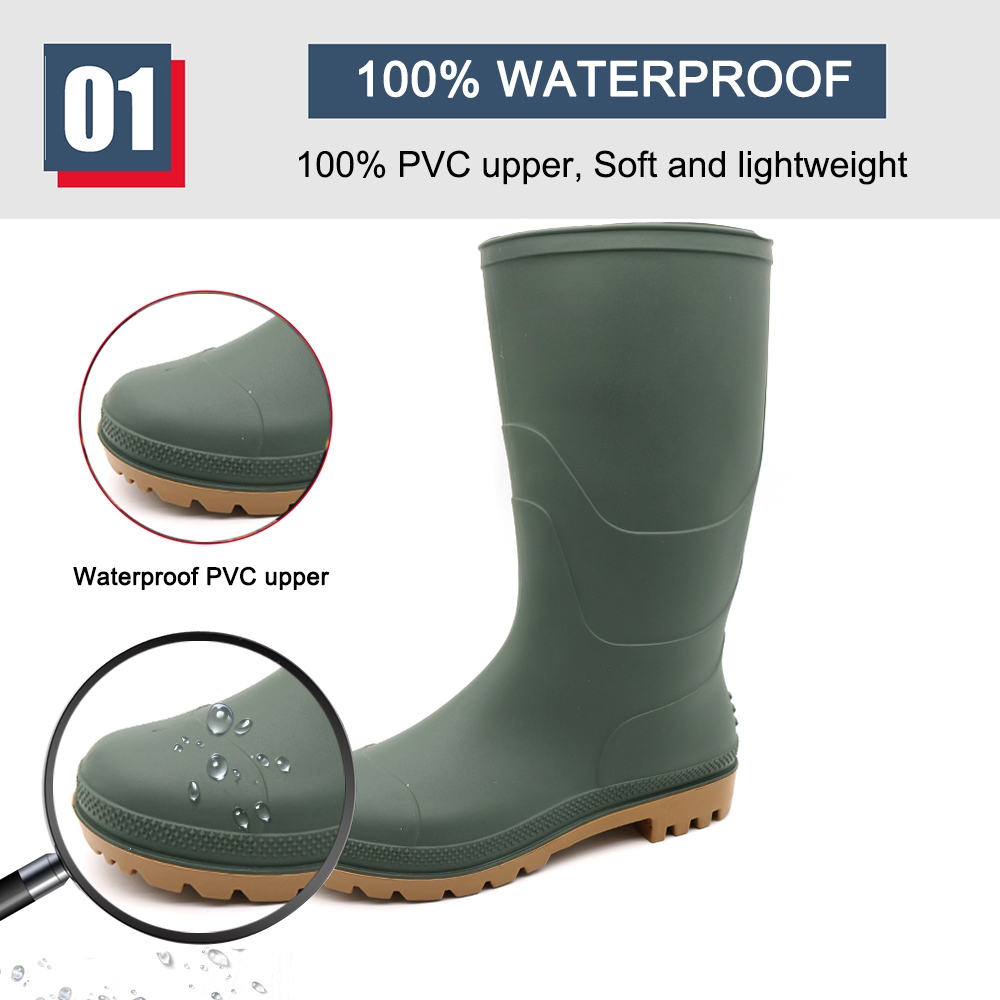 Waterproof Non-slip Green PVC Rain Boots for Garden Farming