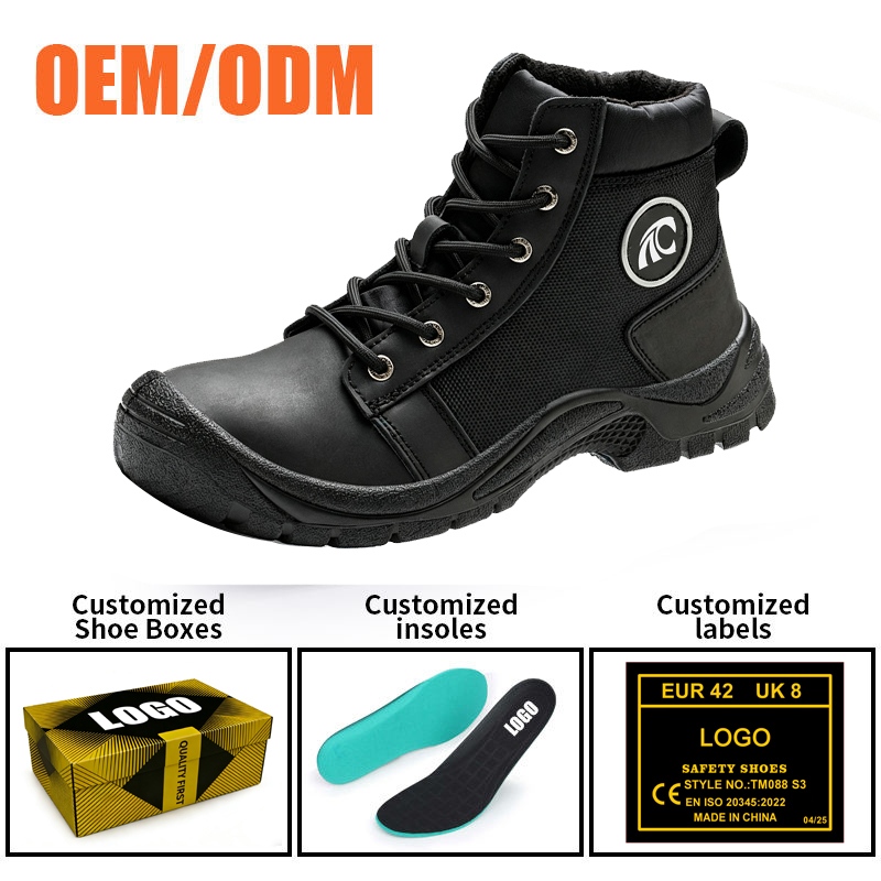 Black Leather Construction Safety Boots with Steel Toe