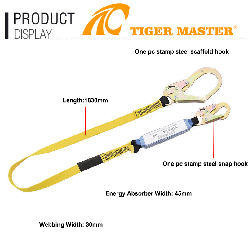 ANSI Z359.13 Polyester Webbing Double Hooks Energy Shock Absorber Safety Lanyard
