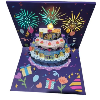 CE 2025 Custom Candle Blowing Birthday Cake 3D Pop up Card for Birthday Christmas Music Cards Happy Card With Led Light Sound
