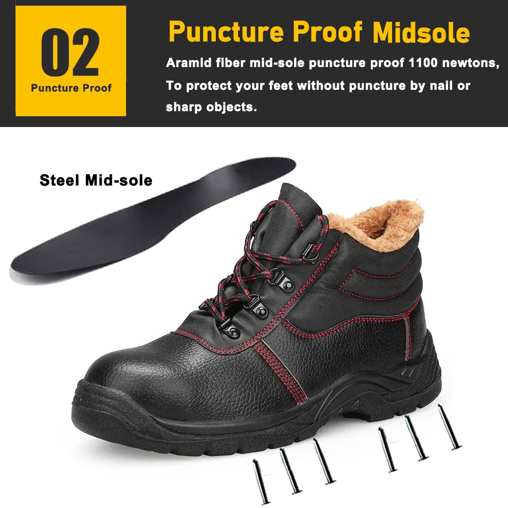 Black Leather Prevent Puncture Steel Toe Men Safety Shoes Winter