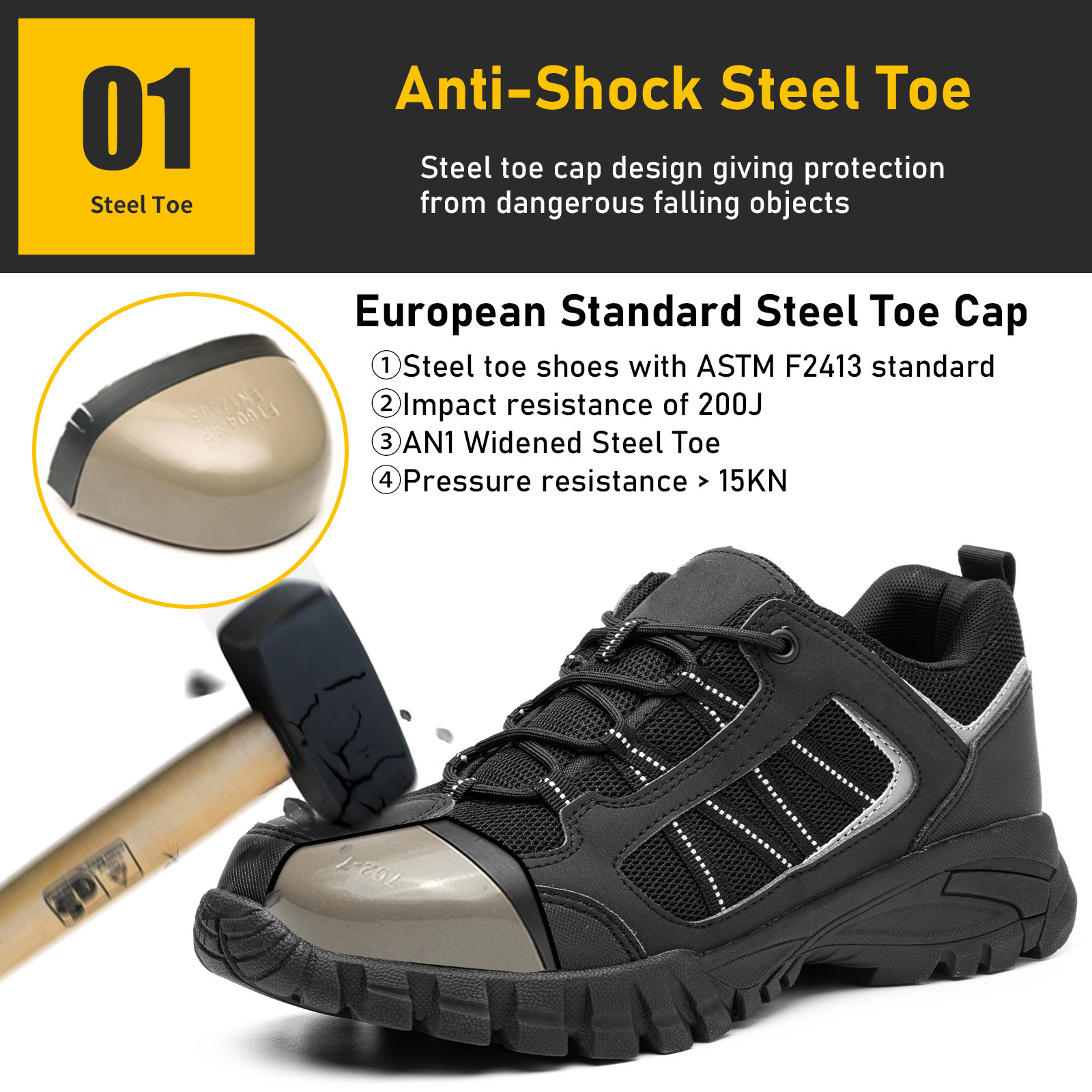 Black Anti Puncture Industrial Safety Shoes Steel Toe
