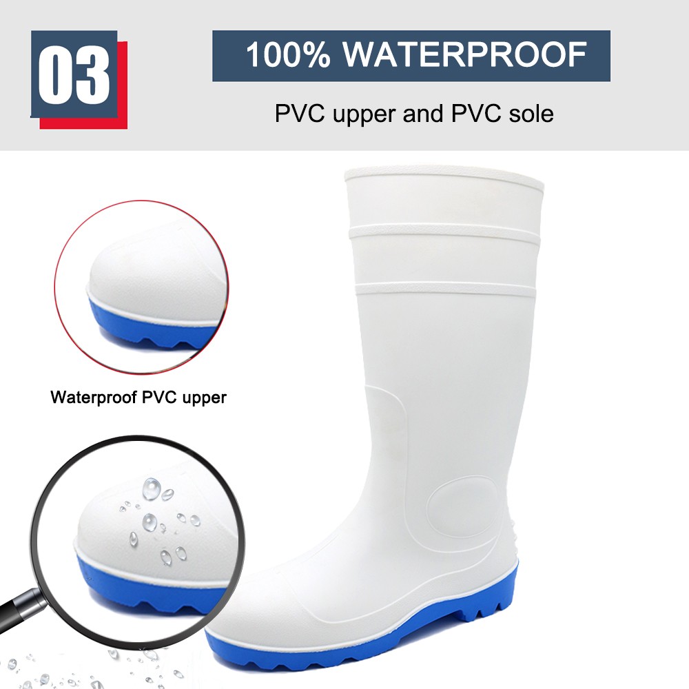 Waterproof oil acid resistant white pvc safety rain boots with steel toe