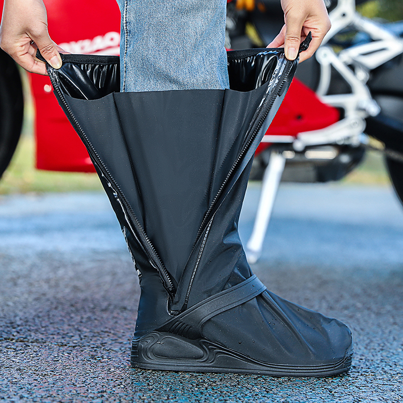 Black Waterproof Motorcycle PVC Knee High Rain Shoes Cover With Zipper