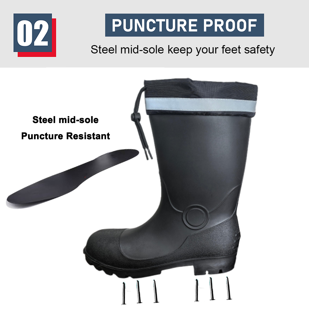 Black PVC Safety Rain Boots with Reflective PU Collar & Steel Toe