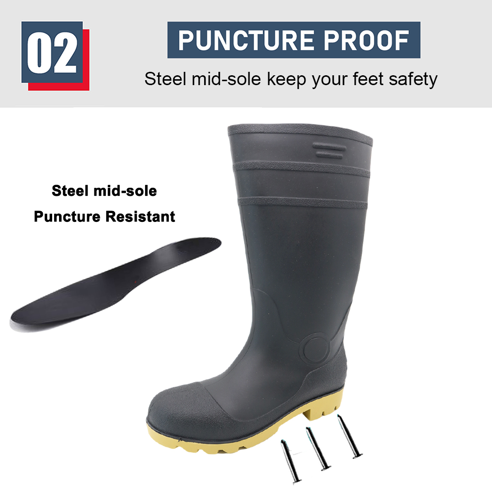2025 New Construction PVC Safety Rain Boots with Steel Toe Steel Mid-plate