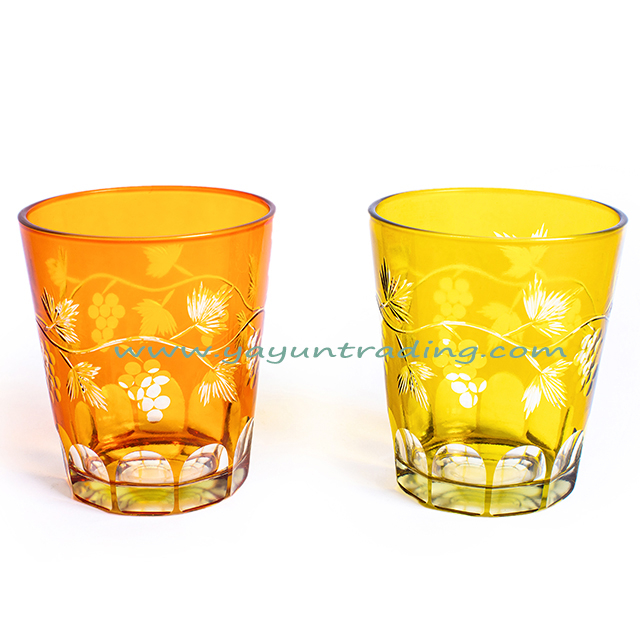  orange and yellow color hand etched glass candle holder