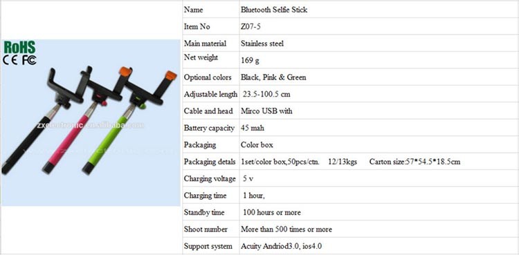 Blue tooth electric selfie stick for windows phone