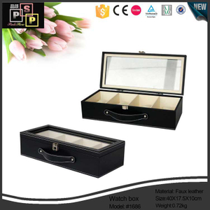 Pu leather custom Pu leather 5 Slots leather Black Watch Collection Box with Glass Top