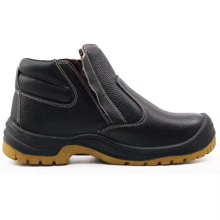 Black Leather Steel Toe Steel Mid Plate Safety Shoes without Lace