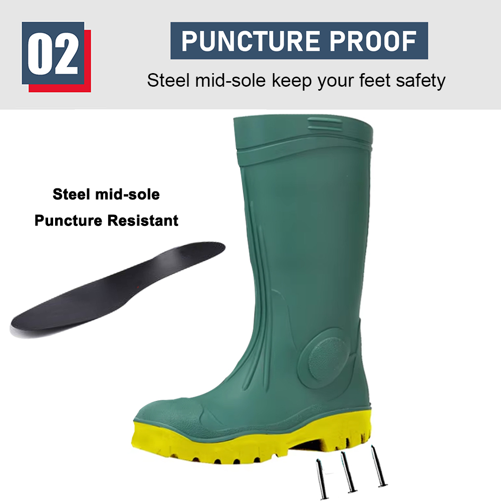 Green Steel Toe Pvc Safety Rain Boots Waterproof