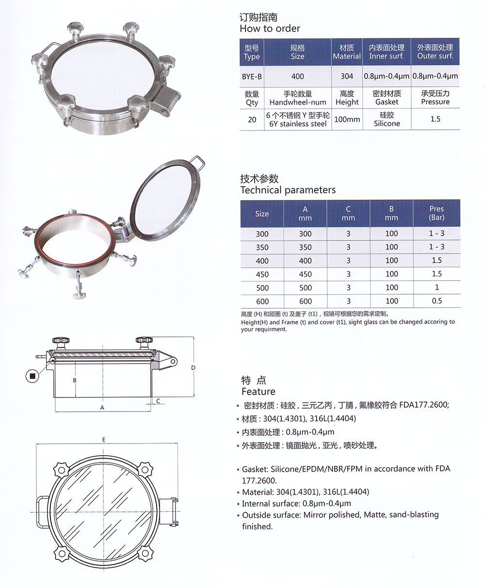 Санитарные крышки люков под давлением с полным обзором