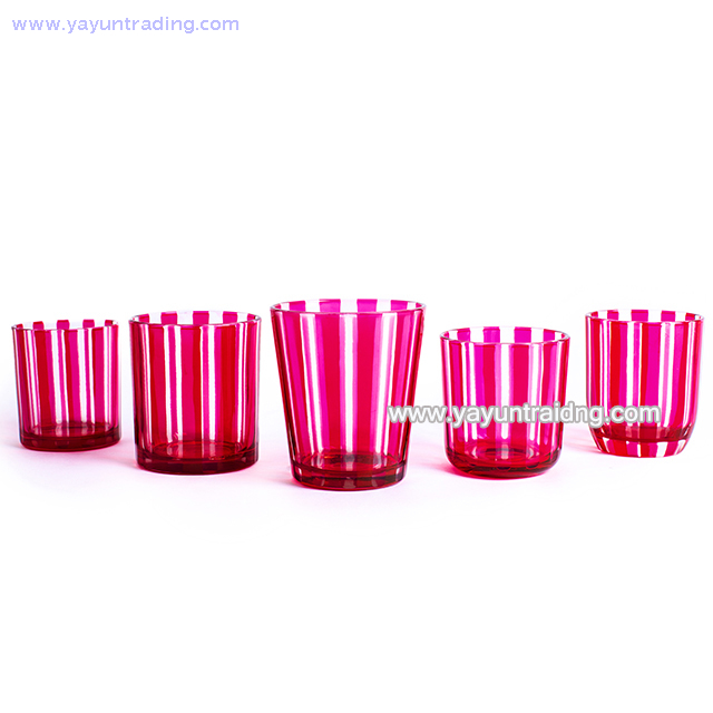  vertical stripes design glass candle container pink glass candle jar with slate coaster