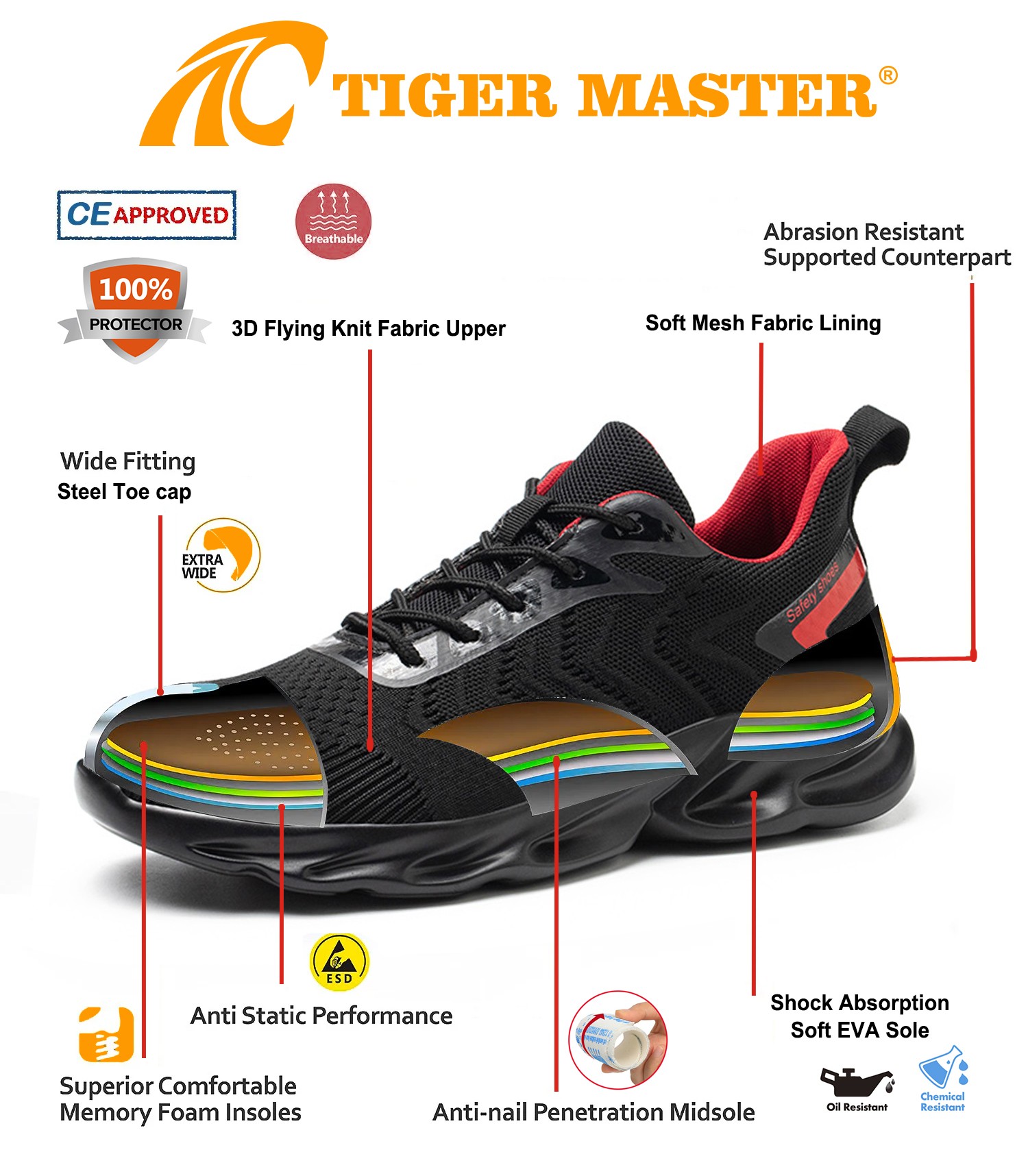 Comfortable Light Weight Sport Safety Shoes with Steel Toe