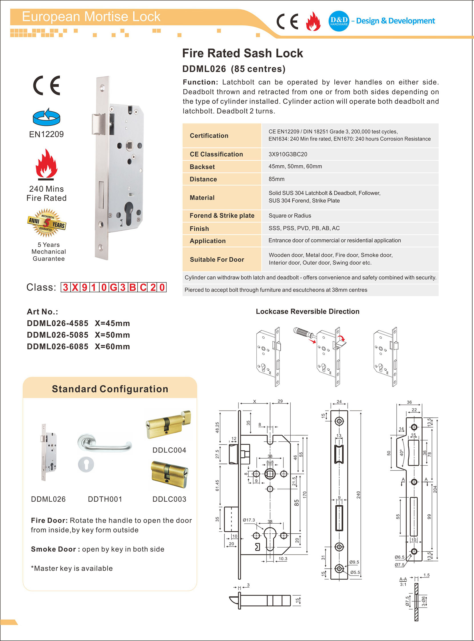CE SS304 Fechadura de caixilho com classificação contra incêndio-DDML026
