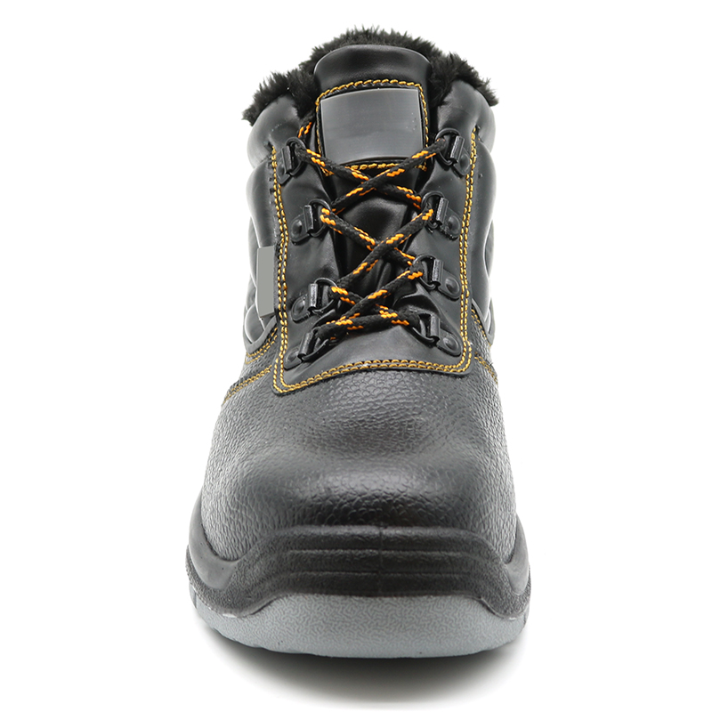 Black leather fur lining winter safety shoes steel toe cap