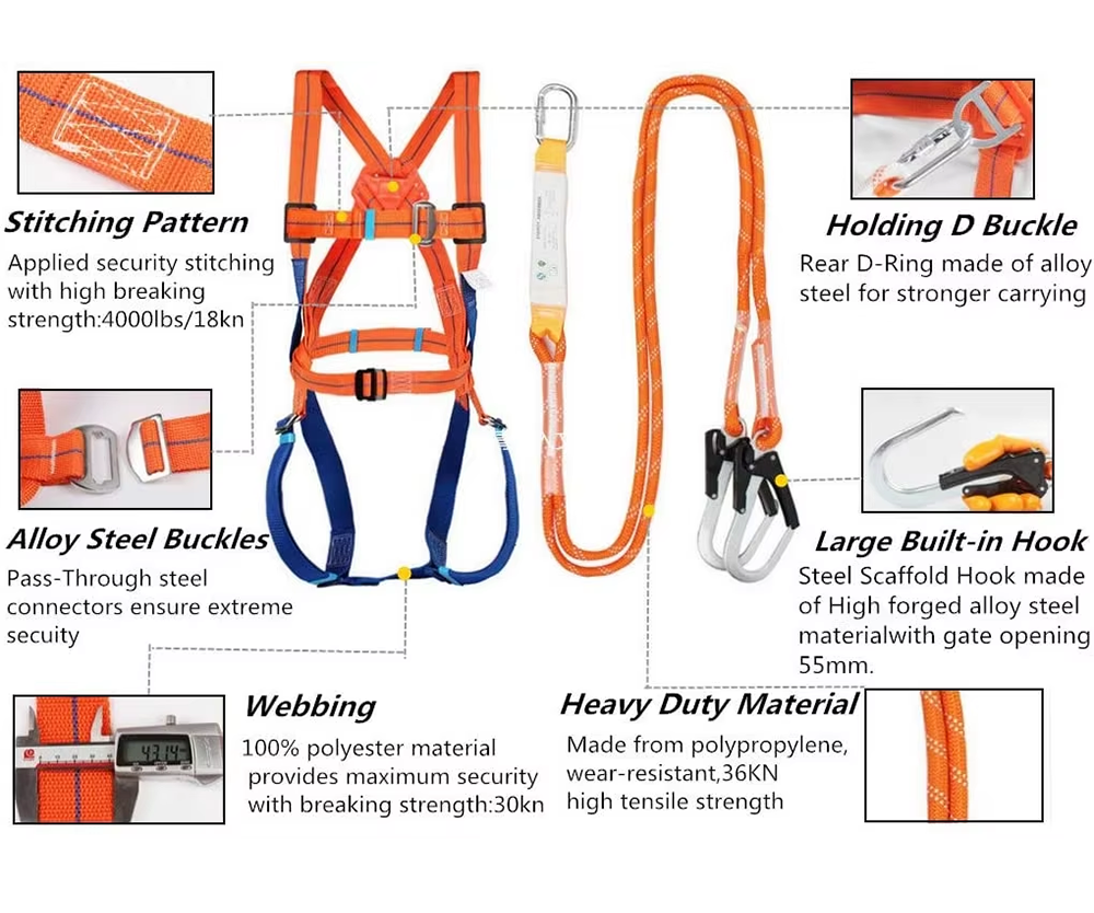 Outdoor Fall Protection Full Body Safety Harness with Shock Absorber Lanyard