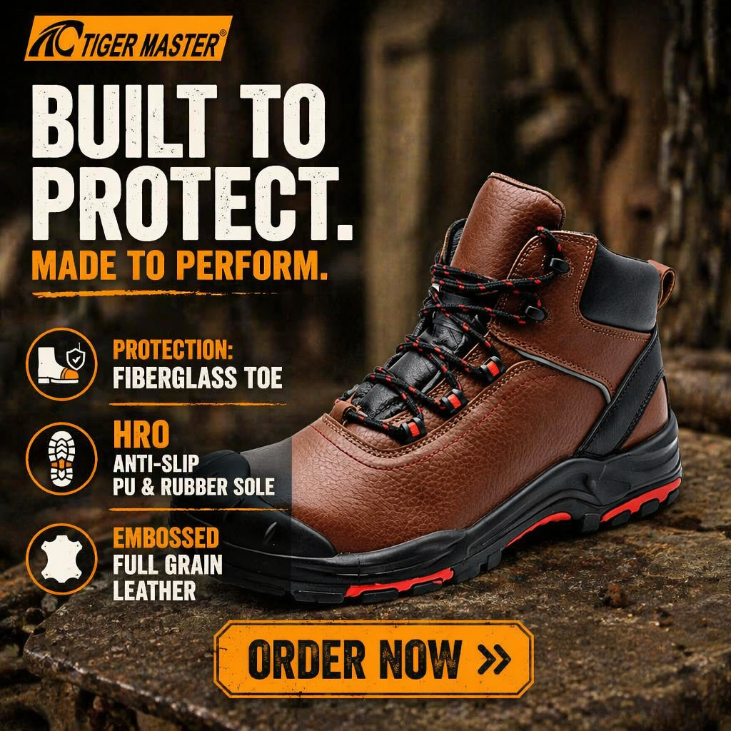 Fiberglass Toe Brown Leather Work Boots PU & Rubber Sole