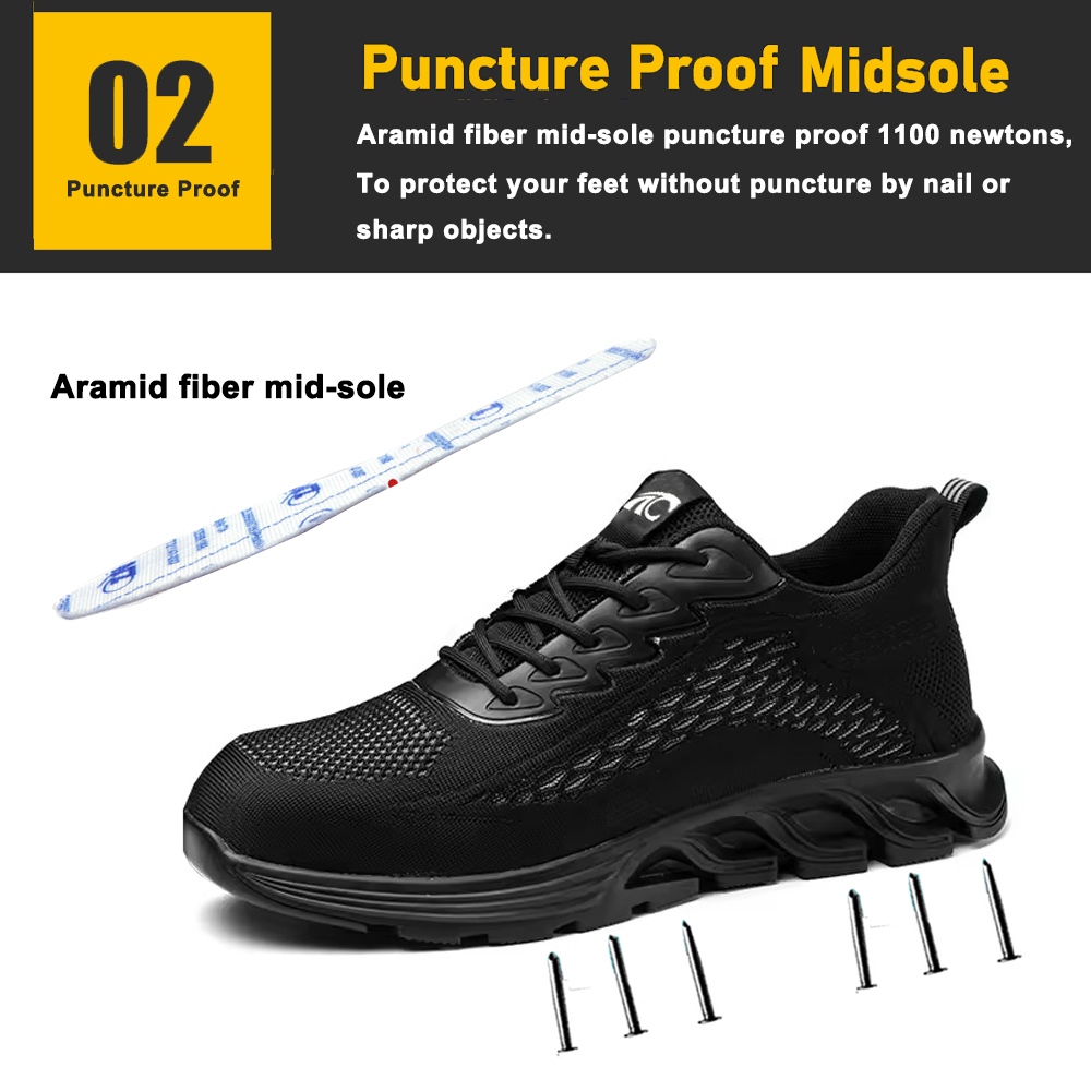 Black Soft Comfortable Sneakers Safety Shoes with Steel Toe