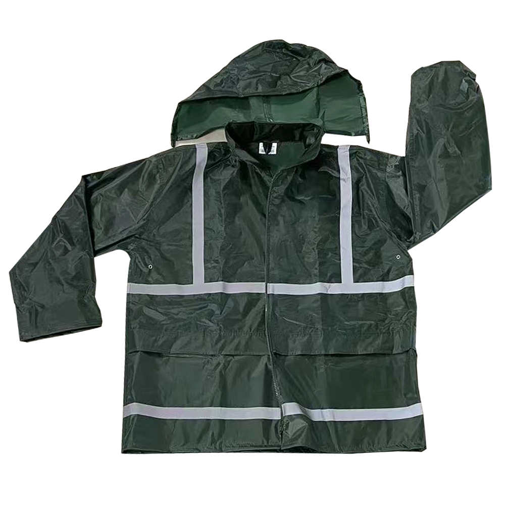 Green Waterproof Hi-vis Reflective Raincoat 170T Polyester