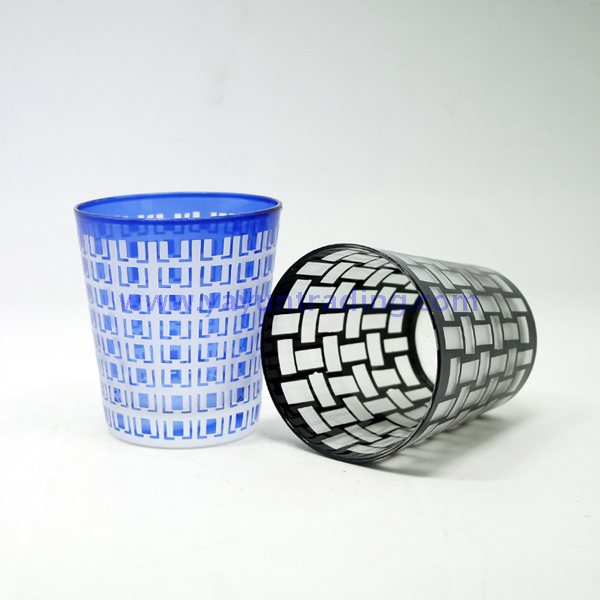 sandblasted colored machine blown glass candle holder and jar