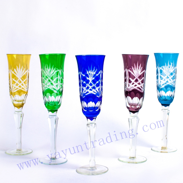hand cut 6 colored champagne flute glass