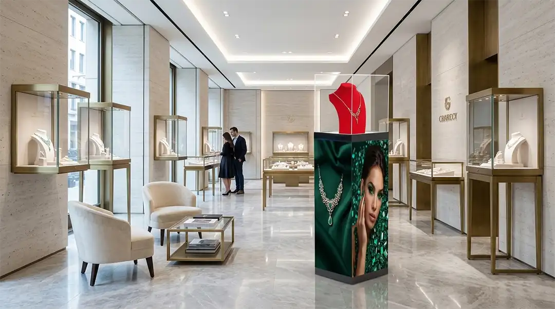 Adhaiwell Vitrine fixe sur pi&eacute;destal LED sans couture &agrave; 4 c&ocirc;t&eacute;s dans une boutique de bijoux de luxe