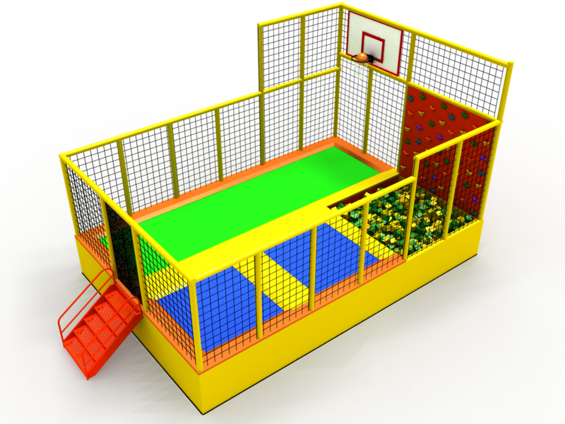 Pequeño parque de trampolines coloridos con baloncesto