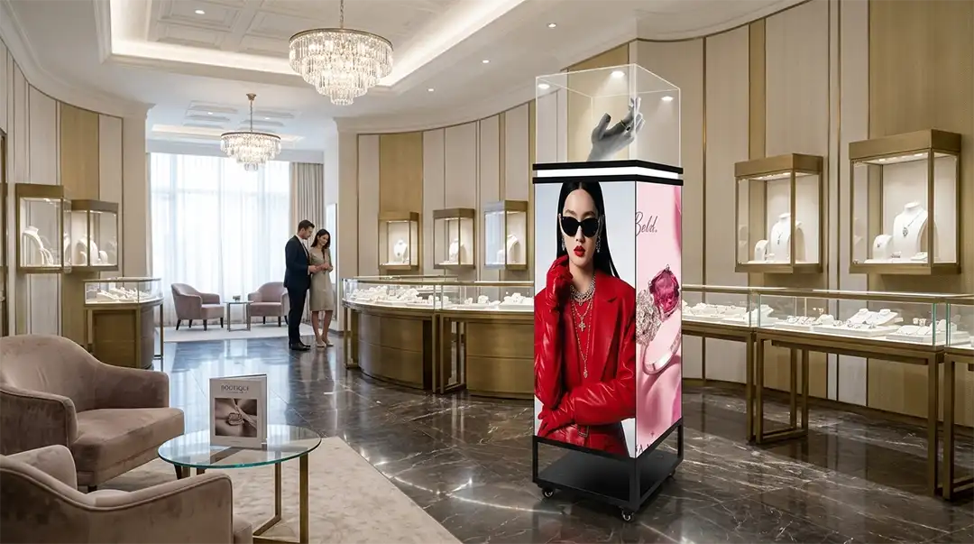 Vitrine de pi&eacute;destal LED sans couture &agrave; 4 c&ocirc;t&eacute;s &agrave; roulettes Adhaiwell dans une boutique de bijoux de luxe