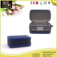 Blue Cross Grain PU leather Strip Cotton Inside Zipper Jewelry Box 