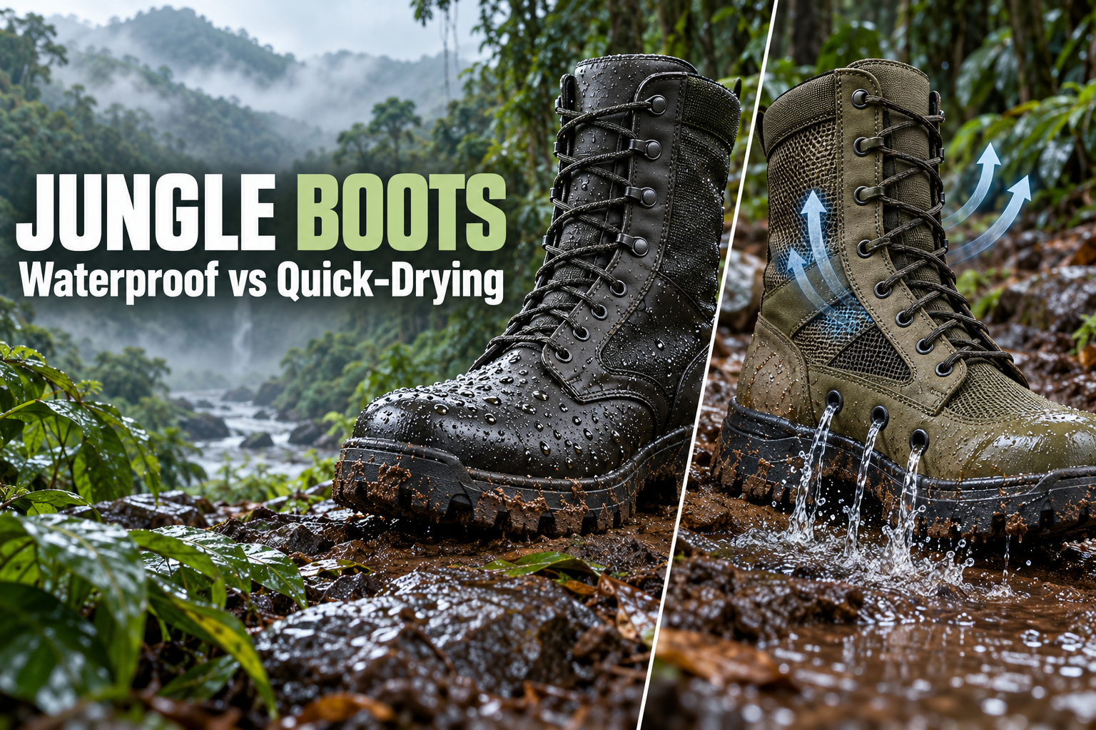 Botas Jungle: diseños impermeables versus diseños de secado rápido para operaciones húmedas