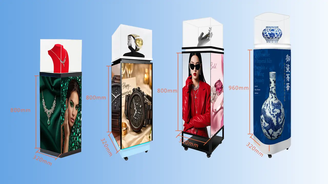 Adhaiwell Vitrinas de pedestal LED 3D de 4 estilos - Serie CrystalView Showcase