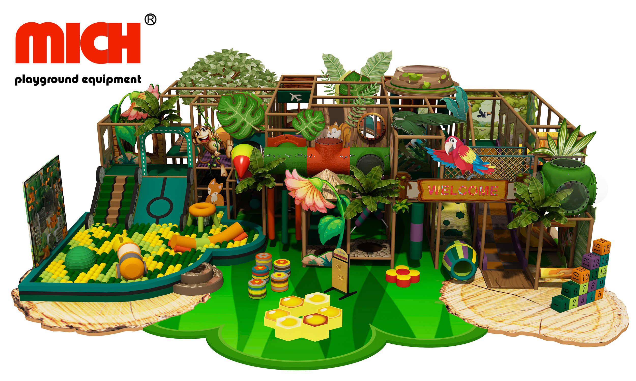 Büyük kapalı orman temalı çocuk oyun merkezi