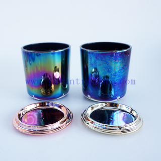 Colorful ion plating iridescent glass candle jars 8oz empty candle vessels with gold rose gold black lids