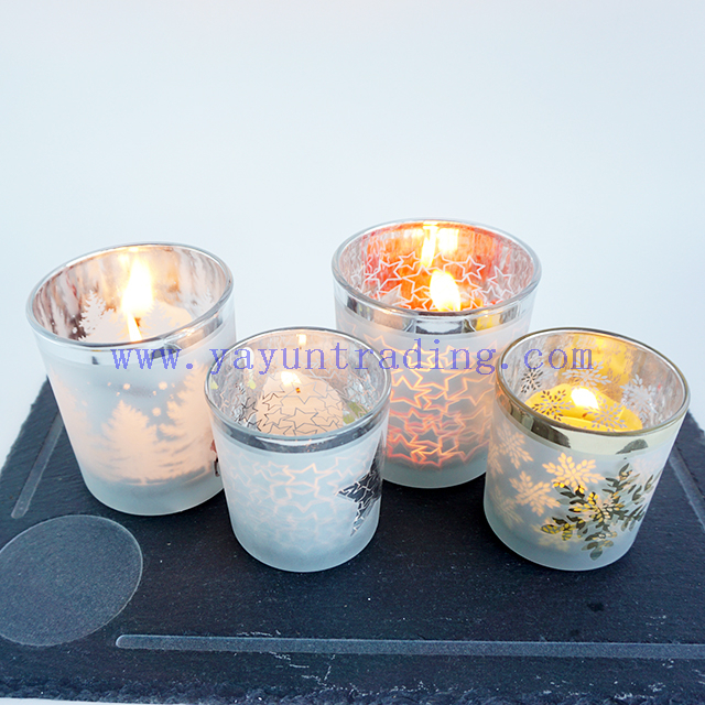 wholesale frosted laser cutting design silver mercury glass candle holders with decor lids