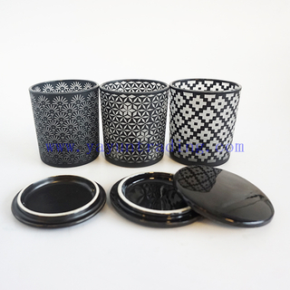 6oz hot sale laser cut black frosted glass candle holders unique candle vessels with black ceramic lids