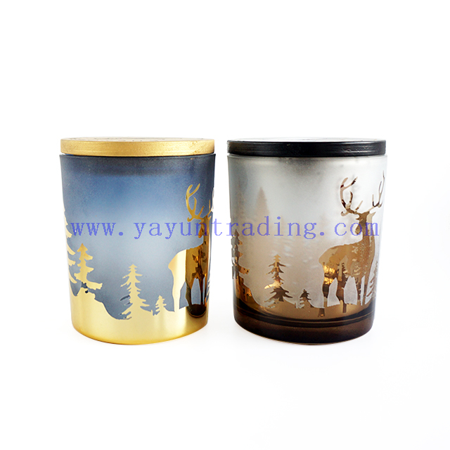 White and blue colored engraving deer pattern glass votive candle holders with decor lids for sale