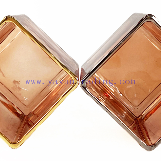 300ml 10oz Custom Amber Square Glass Candle Holders With Gold Rim for Candle Making