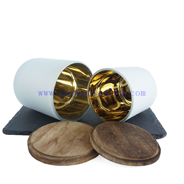 Wholesale 8oz 13oz gold electroplated frosted and white color glass candle holders with wooden lids
