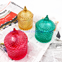 Luxurious Colorful Dome Candy Jars 400ml Diamond Embossed Colored Glass Candle Holder with Lids